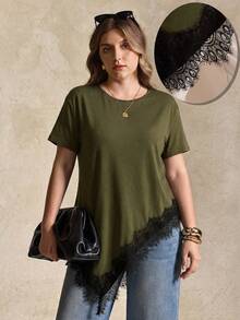 Olive Green Round Neck Asymmetric Hem Lace Patchwork Short Sleeve T-Shirt, Fashionable Casual Plus Size Top - Army Green - View 8