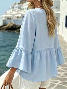 EMERY ROSE White V-Neck Ruffle Sleeve Women's Casual Shirt - Baby Blue - View 2