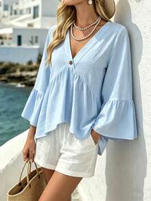 EMERY ROSE White V-Neck Ruffle Sleeve Women's Casual Shirt - Baby Blue - View 7