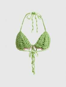 ROMWE Áo len cổ yếm buộc dây phía trước đính ngọc trai giả - màu xanh lá - Xem 2