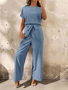 SHEIN Clasi 女士纯色露背荷叶边短袖连体裤 - 藍色 - 查看 4