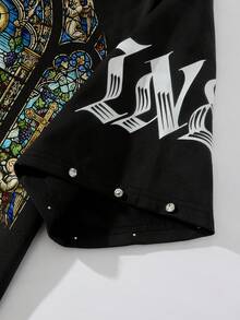 ROMWE MEN Street Life Rhinestone Print Loose Short Style T-Shirt For Men - Black - View 4