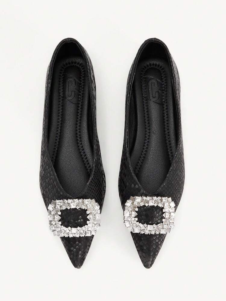 CUCCOO CHICEST Pointed Toe Low Vamp Rhinestone Square Buckle Flat Bottom Comfortable Versatile Fashionable Soft Sole Elegant Fairy Shoes Women's Shoes