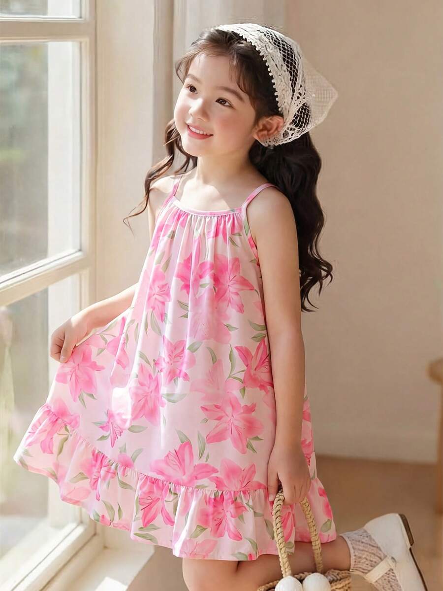 SHEIN Elladie kids 女童梭织面料花卉数码印花荷叶边吊带连衣裙,适合夏季日常穿着、外出、旅行、度假和聚会。 - 粉色 - 查看 1
