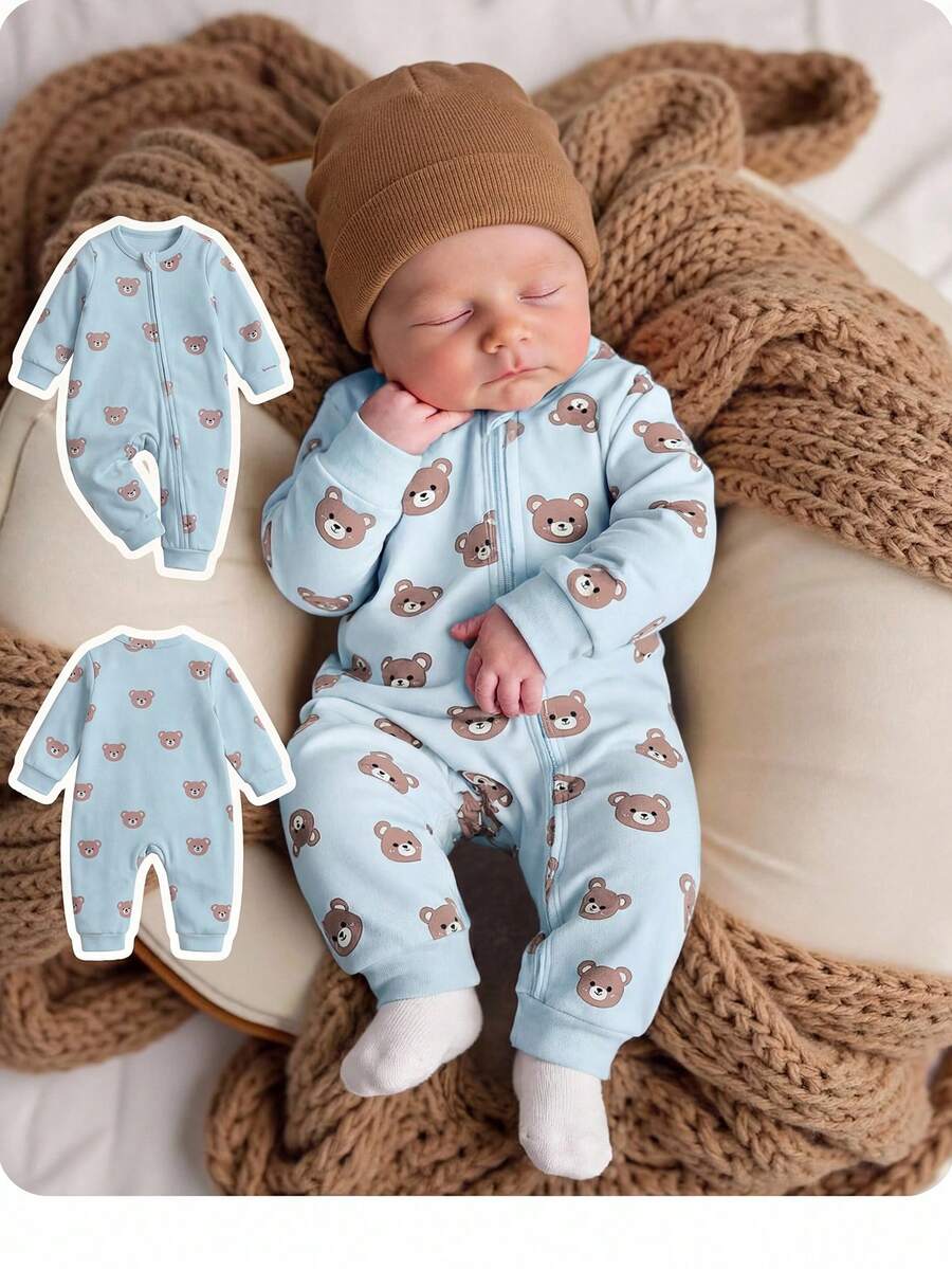 Newborn Beige Bear Pattern Long Sleeve Jumpsuit With Hat Set - Khaki - View 1