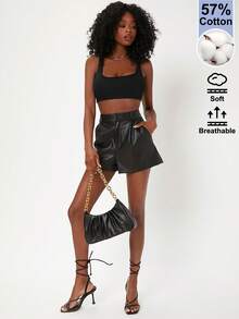 SHEIN BASICS 纯色夏季日常露脐背心 - 黑色 - 查看 4