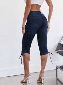 Denimoi Celana Capri Kargo Bertali, Celana Jeans Capri, Jeans Modis dan Seksi - Dark Wash - View 2