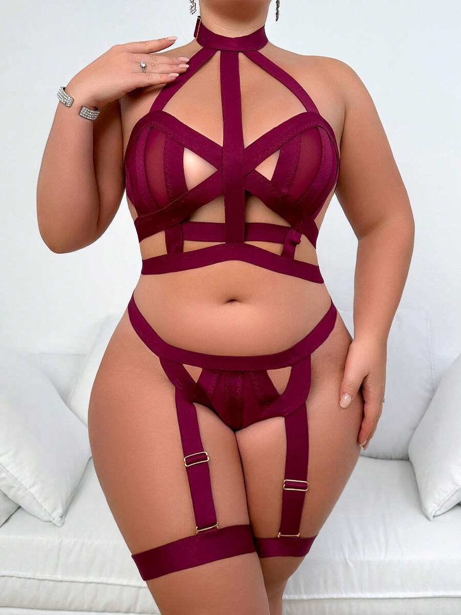 AltCore Conjunto De Lencería Sexy De Talla Grande De 4 Piezas Para Mujeres - Rojo violeta - Ver 1