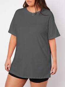 SHEIN BASICS 大码圆领短袖落肩纯色T恤 - 深灰色 - 查看 6