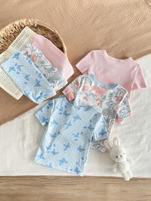 6 Stück/Set Baby Mädchen Süßer minimalistischer französischer Prinzessinnenstil blauer Schleife weiß gepunktetes Blumen Homewear Set - Verschiedenfarbig - Übersicht 2