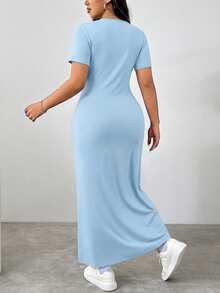 SHEIN EZwear Plus Size Solid Color Round Neck Fitted Summer Short Sleeve Dress, Blue - Blue - View 2