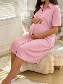 Slowluna Maternity Solid Color Short Sleeve Single-Breasted Casual Ribbed Knit Dress,Loungewear,Sleepwear,Sleepwear Set,Pajama Dress - Pink - View 9