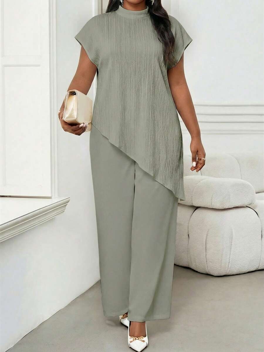 SHEIN Lady Elegant Plus Size Green Women's Cap Sleeve Crinkled Texture Asymmetric Blouse Stylish Mock Neck Top - Green - View 1