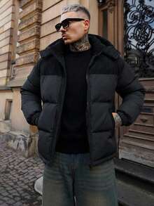 Artur Kramer Men's Autumn/Winter Color Block Thickened Warm Outdoor Sports & Casual Hooded Padded Coat - Black - View 4