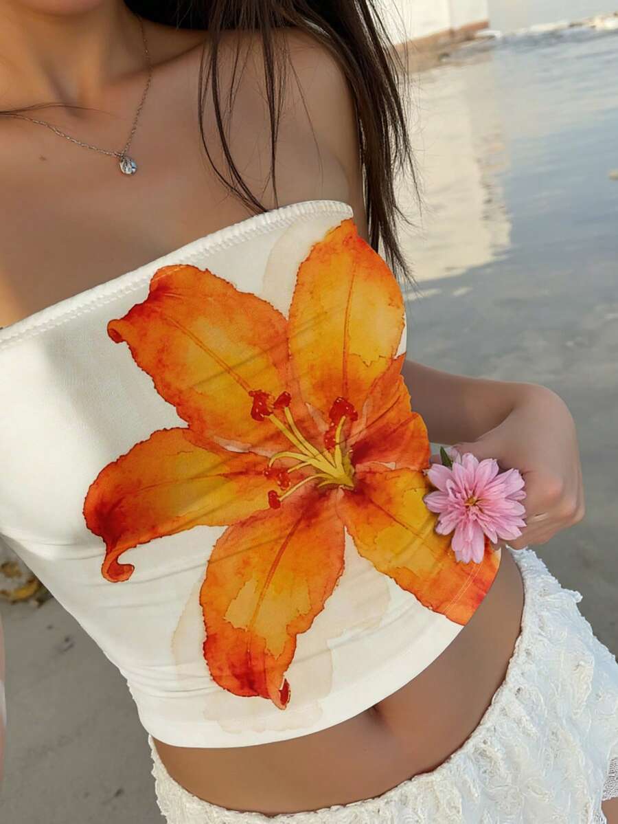 Aloruh 女士休闲橙色夏威夷花卉印花抹胸上衣，适合夏季、海滩、音乐节等场合，可用作沙滩罩衫、休闲比基尼、舒适泳装或装饰性沙滩装。 - 彩色 - 查看 1