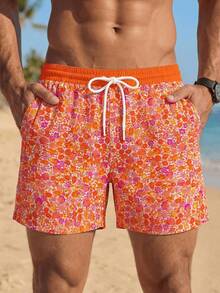 SHEIN Men's Ditsy Floral Print Waistband Contrast Color Block Short Beach Shorts, Suitable For Island Travel, Couple Dates, Family Outings, Hawaii Vacation - Multicolor - View 6
