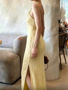 Cévolie 女士纯色性感无袖开衩连衣裙 - 鵝黃色 - 查看 5