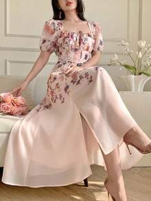 Celisse Floral Print Chest Tie Front Slit Dress For Women, Vacation - Apricot - View 1