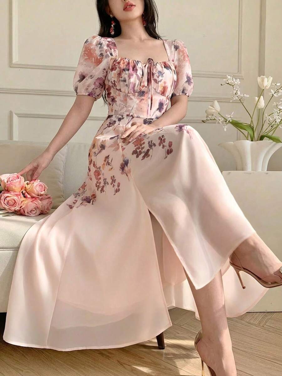 Celisse Floral Print Chest Tie Front Slit Dress For Women, Vacation - Apricot - View 1