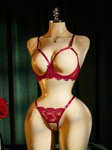 SpicyHot Bộ đồ lót ren khoét rỗng có gọng dành cho nữ, gồm áo ngực và quần lọt khe, gợi cảm và quyến rũ. - Màu Đỏ Sâu - Xem 11