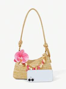 Viva Strut A Set Of Floral Crocheted Beach Handbags And Accessories, Stylish Personalized Beach Resort Style Shell Lace Lady Messenger Bag - Khaki straw bag rose red flower rose chain - View 3