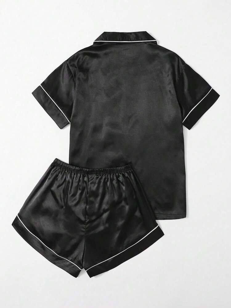 Plus Contrast Piping Satin Pajama Set