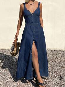 Livesso Đầm denim nữ màu xanh hải quân, dây mảnh, cổ chữ V, thắt eo, chất liệu cotton, kiểu dáng thường ngày, thích hợp cho mùa xuân và hè. - Màu xanh hải quân - Xem 6