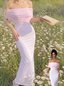 Xyvia 露肩褶皱腰身修身优雅浪漫连衣裙 - 粉色 - 查看 1