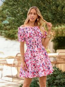 KARISMINA Rochie de vacanță de primăvară/vară, cu imprimeu floral, țesătură, cu umeri goi, în linie A, cu talie strâmtă, rochie de vară, plajă, romantică - Roz - Vizualizare 9