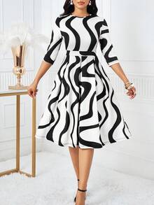 SHEIN Lady Women's Summer Fashion Colorblock Wavy Pattern Mini Dress - Black and White - View 6