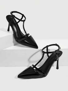 CUCCOO SZL Scarpe con tacco alto da donna, stile classico a punta in pelle verniciata, con cinturino sulla schiena, adatte per eventi serali e feste, dal design semplice e sexy - nero - Visualizzare 2