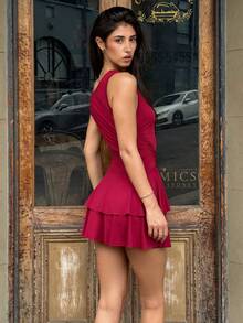AmyJordy Women's Metal Flower Decor Ruched Shoulder Ruched Hem Fashionable Dress - Burgundy - View 6