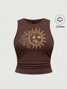 ROMWE Fairycore Plus Size Dark Mysterious Sun Moon Star Print Vest, Spring/Summer - Brown - View 1