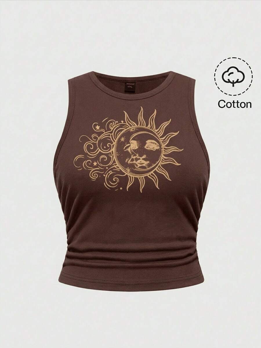 ROMWE Fairycore Plus Size Dark Mysterious Sun Moon Star Print Vest, Spring/Summer - Brown - View 1
