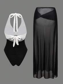 Swim Oasis 2 pièces Ensemble de plage pour femmes, tenue d'été mignonne pour vacances et fête à la piscine, maillot de bain texturé noir & blanc avec lien devant, col ras-du-cou ajouré & jupe maxi - Noir et Blanc - Voir 2