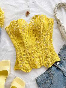 Soleia Áo corset ren hai lớp ôm sát, gợi cảm, phong cách tiên phong, hở vai, dành cho giới trẻ châu Âu và Mỹ, kết hợp với áo định hình INS màu trắng thêu rỗng, trang phục dự tiệc đêm cho phụ nữ. - Màu vàng - Xem 1