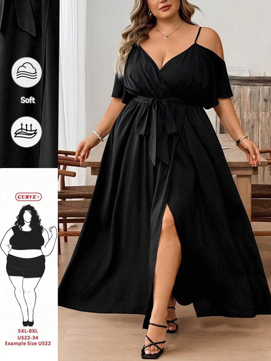 SHEIN CURVE+ Curve 尺码 US22 音乐节、海滨度假、波西米亚风女士夏季休闲度假风纯色露肩高开衩腰带连衣裙 - 黑色 - 查看 1