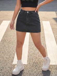 Chân váy denim cho bé gái tuổi teen, hàng mới về mùa hè, màu đen denim, kiểu dáng thời trang thường ngày, dáng ôm, chất liệu denim cotton thoải mái, phù hợp cho đi học, đi làm, mặc hàng ngày và các hoạt động ngoài trời. - màu đen - Xem 3