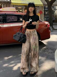 DAZY 女士时尚水钻蝴蝶结装饰宽松阔腿豹纹牛仔裤 - 藍色 - 查看 4