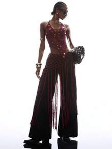 LYSMO 女士性感镂空亮片细节吊带针织上衣，适合夏季度假 - 酒紅色 - 查看 3