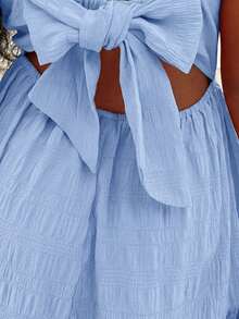 SHEIN Kids/Tween Girls' Vacation Casual Spring/Summer Textured Solid Color Ruffle Hem Bow Tie Back Dress, Blue - Blue - View 5