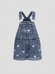 SHEIN 少女牛仔吊帶短褲，深藍色夏季牛仔布，刺繡「Best」字母與愛心，可調節肩帶金屬扣，休閒可愛度假穿搭 - 深色水洗藍 - 查看 4