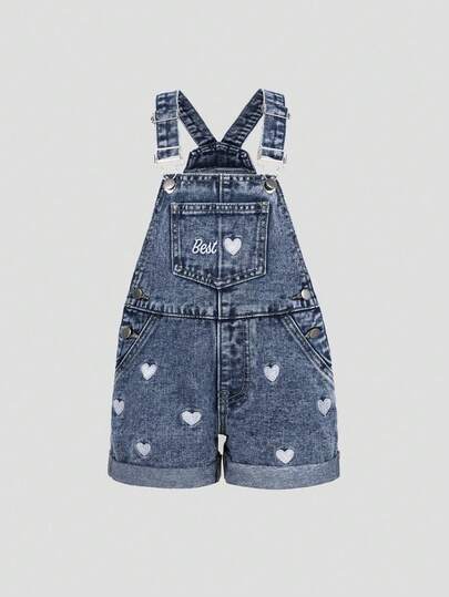 Baby Girls' Denim Bib Shorts, New Summer Collection, Dark Blue Denim Color, "Best" Letter & Heart Embroidery, Adjustable Strap Metal Buckle Design, Cuffed Hem For Playful Look, Casual & Cute Summer Denim, Practical & Versatile For Vacation, Daily Wear, Home Play, Holiday Outfit