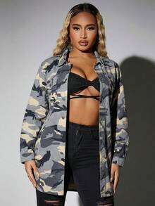SHEIN SXY Áo khoác denim dài tay in họa tiết rằn ri dành cho nữ - Nhiều màu - Xem 4