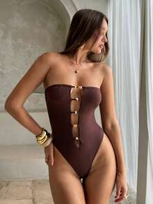 Aloruh 女士夏季新款棕色性感优雅沙滩度假多层镂空串珠胸衣连体衣 - 棕色 - 查看 5