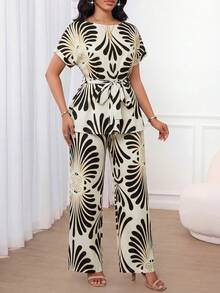 SHEIN Lady Bộ đồ nữ thanh lịch 2 mảnh: Áo cổ thuyền thắt eo và quần in họa tiết toàn thân. - Nhiều màu - Xem 6