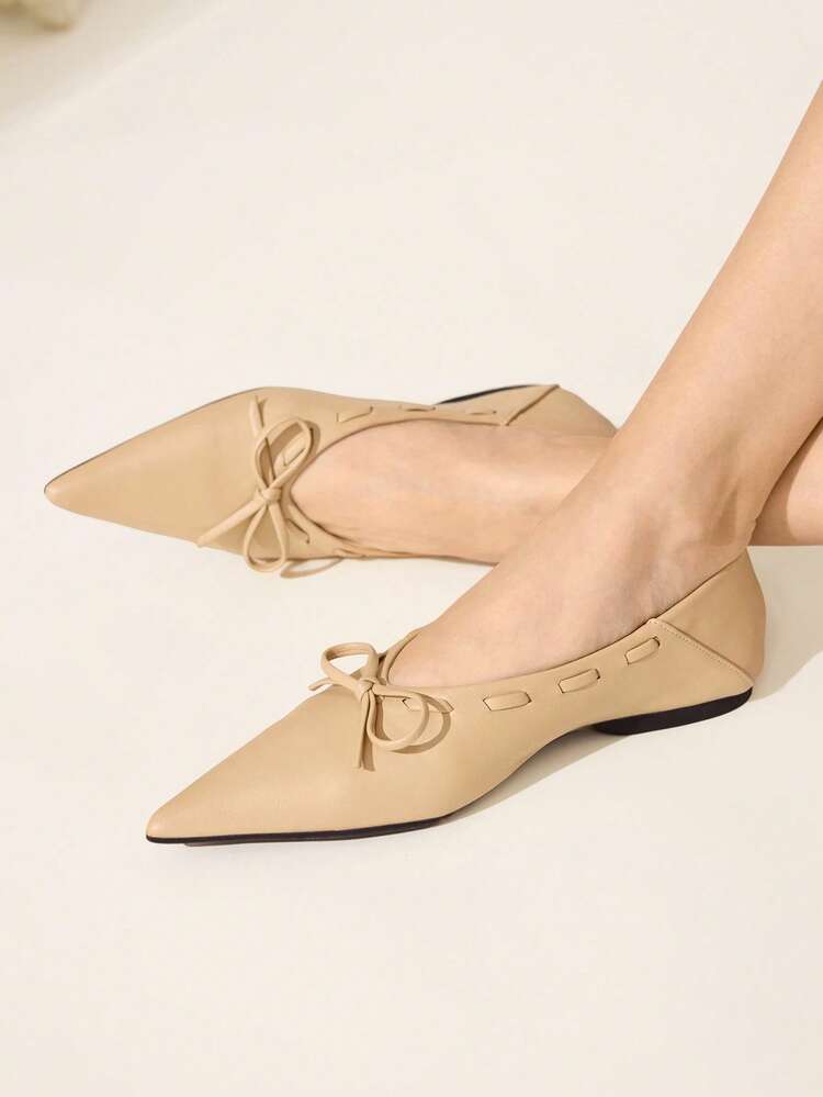 CUCCOO CHICEST Pointed Toe, Low Vamp Bow, Flat Bottom, Comfortable And Versatile, Fashionable Soft Sole, Elegant Fairy Shoes, Apricot Ballet Women's Shoes