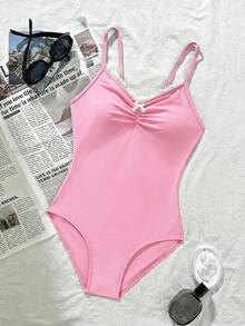 SHEIN Tween Girls Lace Trim Ruched Bust Bow Decor One-Piece Swimsuit - Pink - View 3