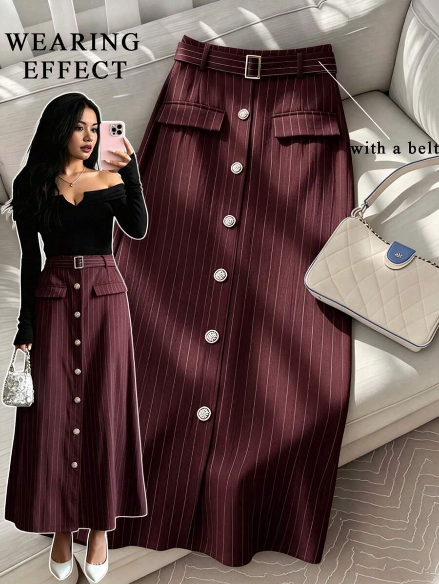 Plus Size Women's New Elegant Versatile Casual Commute Minimalist Striped A-Line Skirt, Spring/Summer - Burgundy - View 1