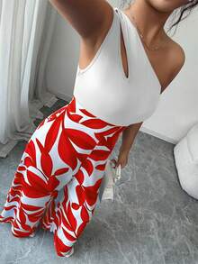 SHEIN Elenzya Mono recto con hombros oblicuos y estampado de patchwork para mujer - Rosa Roja - Ver 5